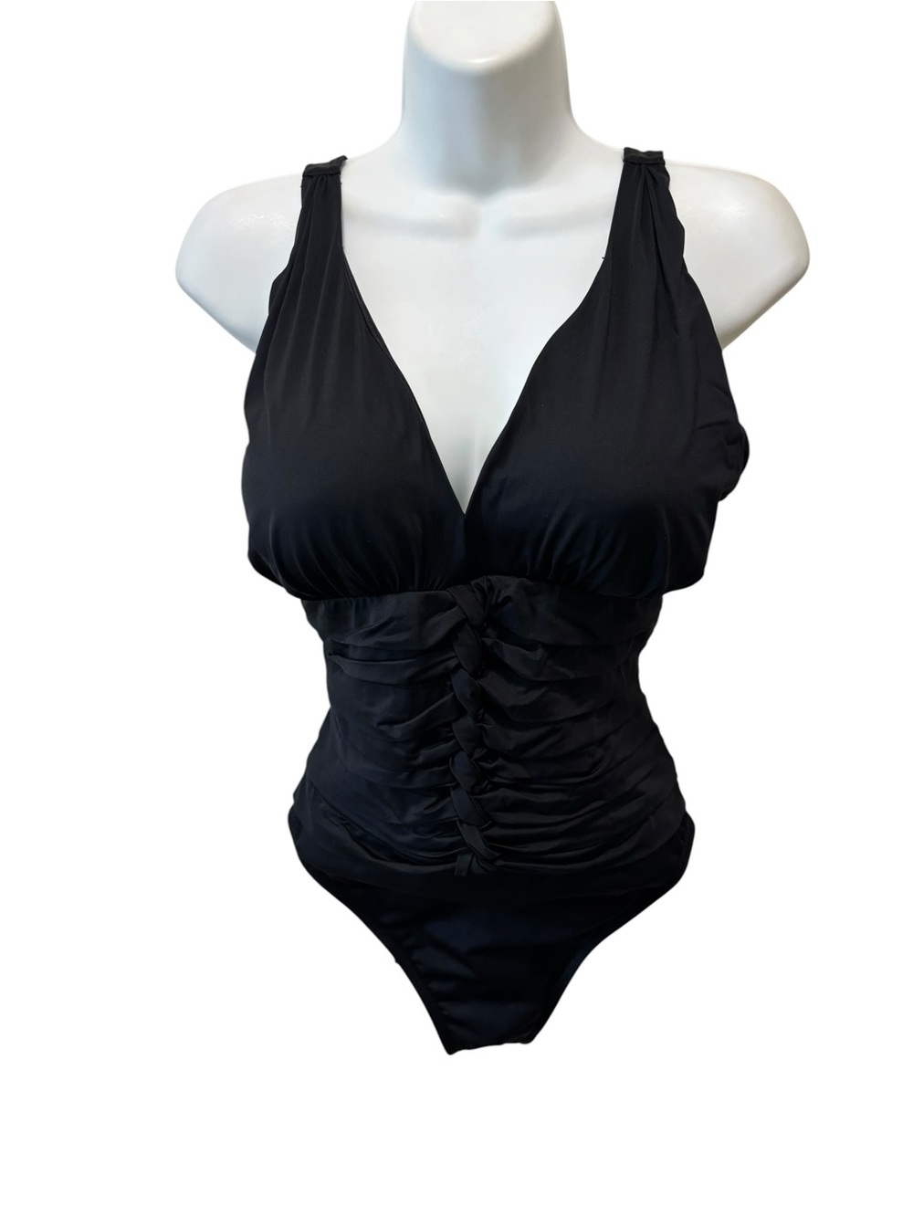 Miraclesuit Cinched Tummy One piece Swimsuit Sz 14 Black Ruched Slimming Summer